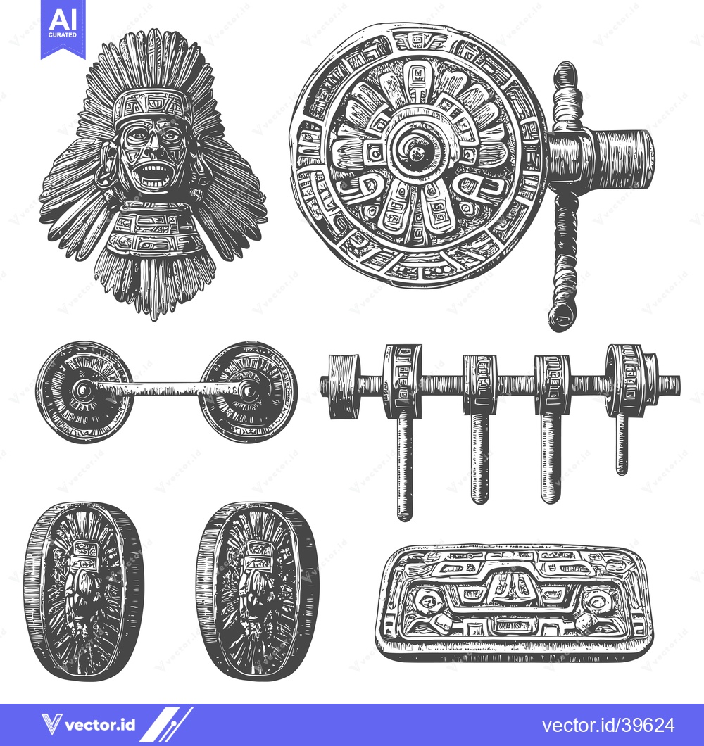 Premium Vector dari Engraved Aztec Art Collection with Masks, Wheels, and Other Ornaments