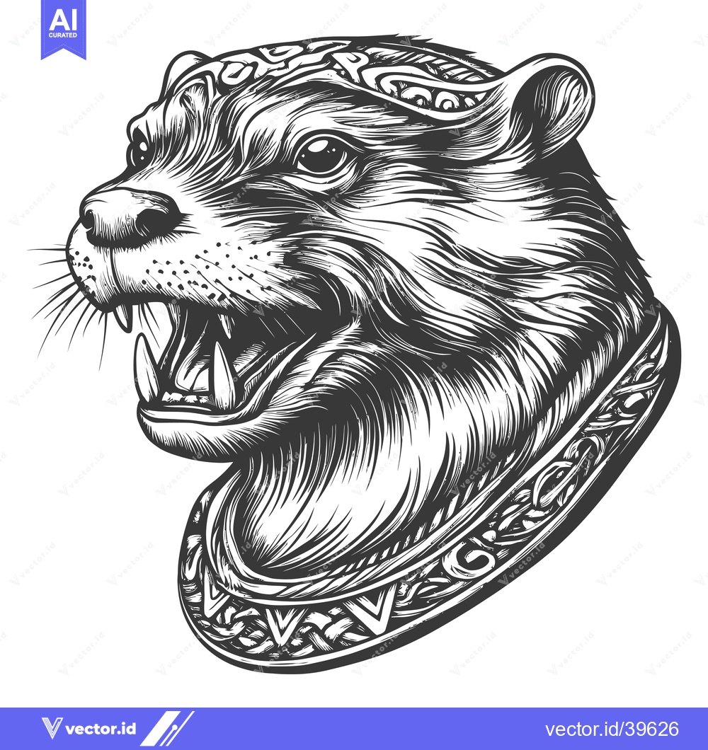 Premium Vector of Engraved Illustration of a Growling Otter with Ornate Collar