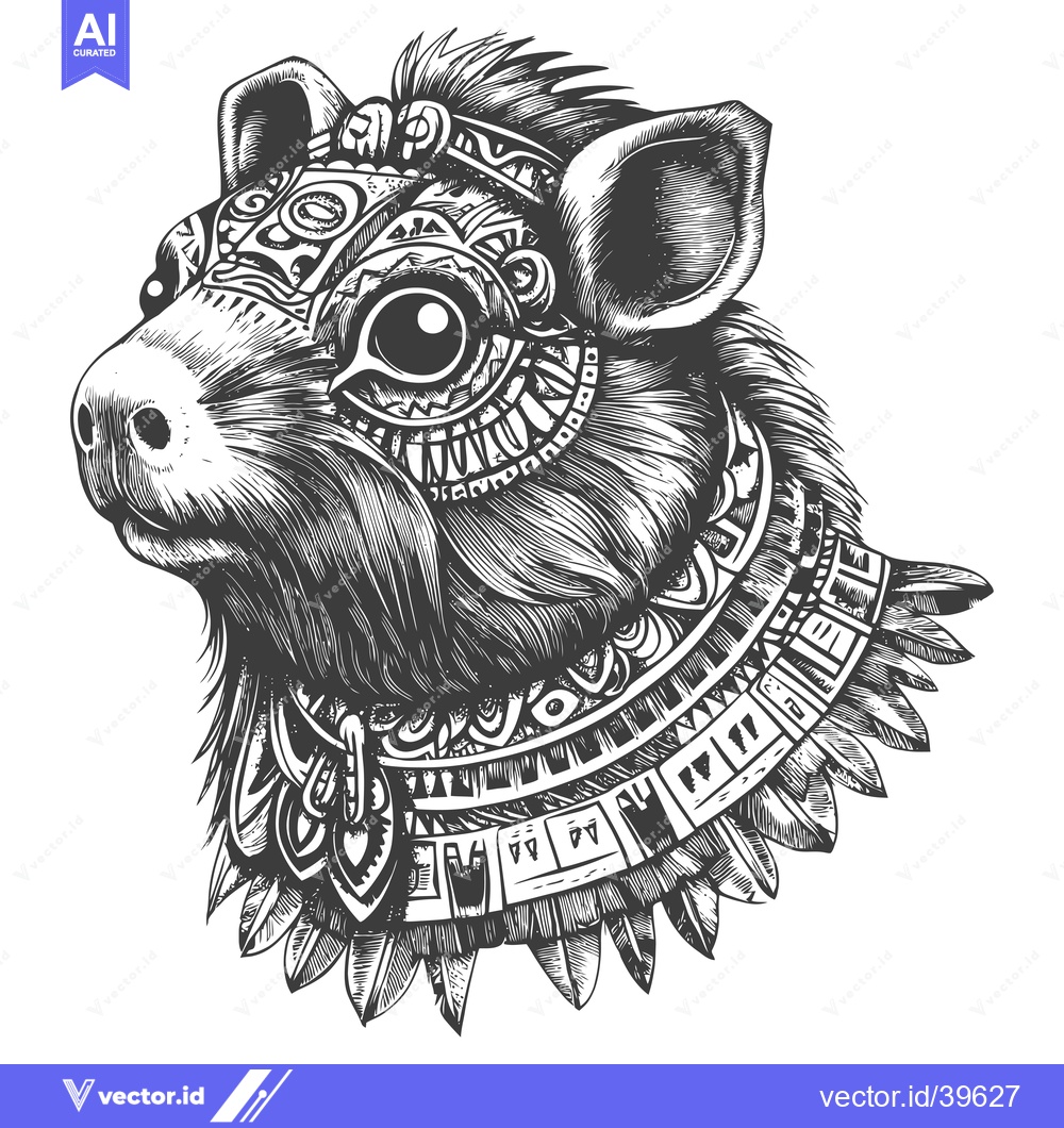 Premium Vector of Engraved Illustration of a Guinea Pig with a Tribal Headband and Feath