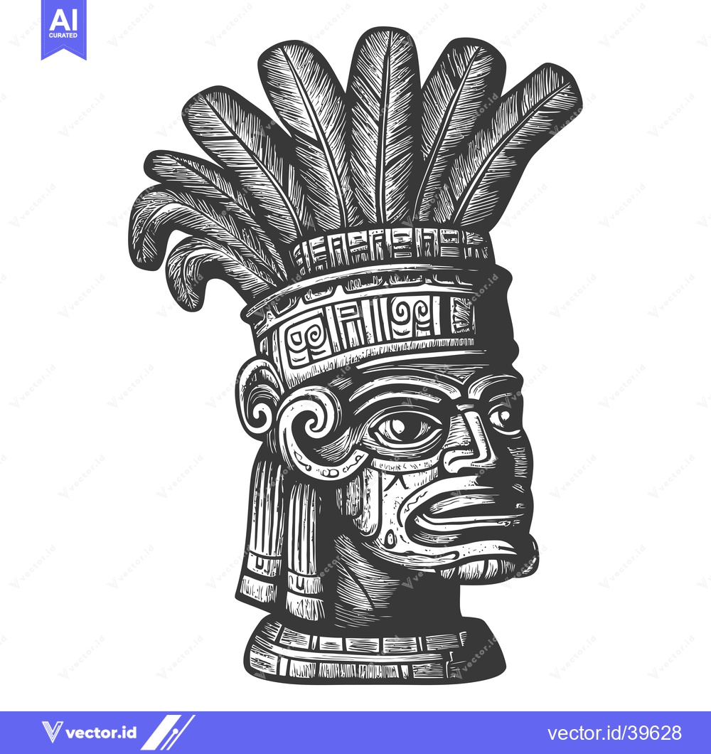 Premium Vector of Engraved Illustration of a Mayan Head with Feathers