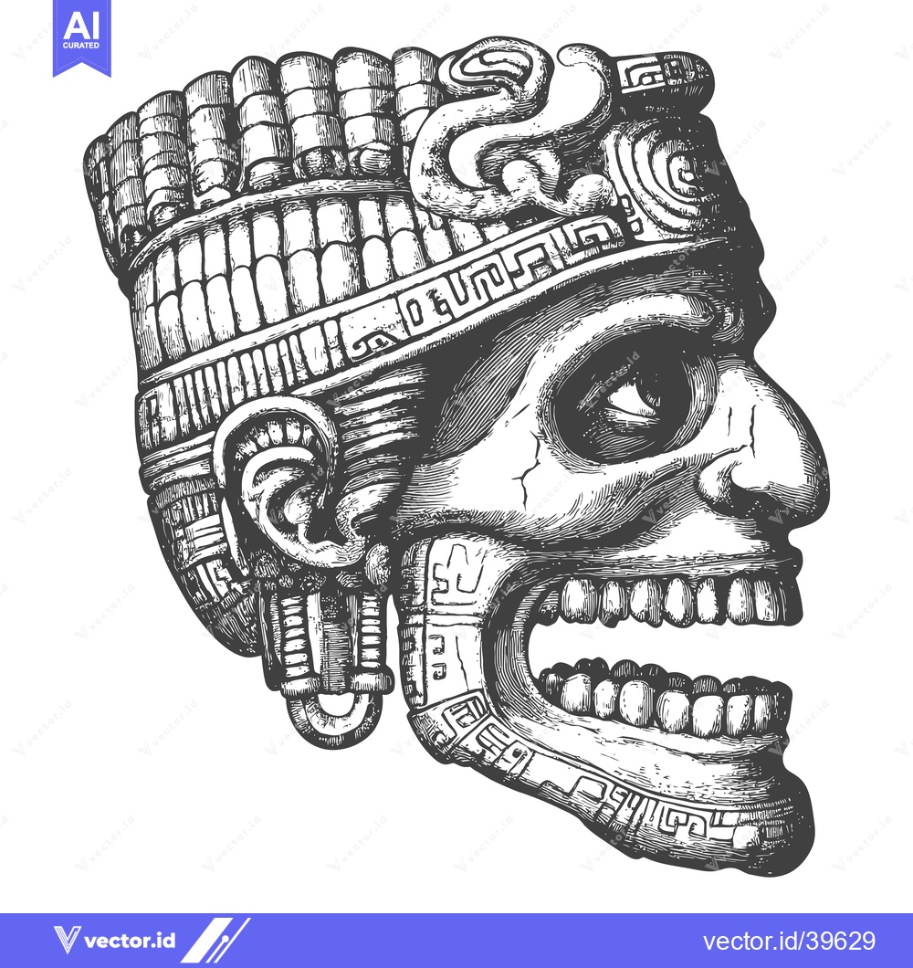Premium Vector of Engraved Illustration of a Mayan Skull with Intricate Design