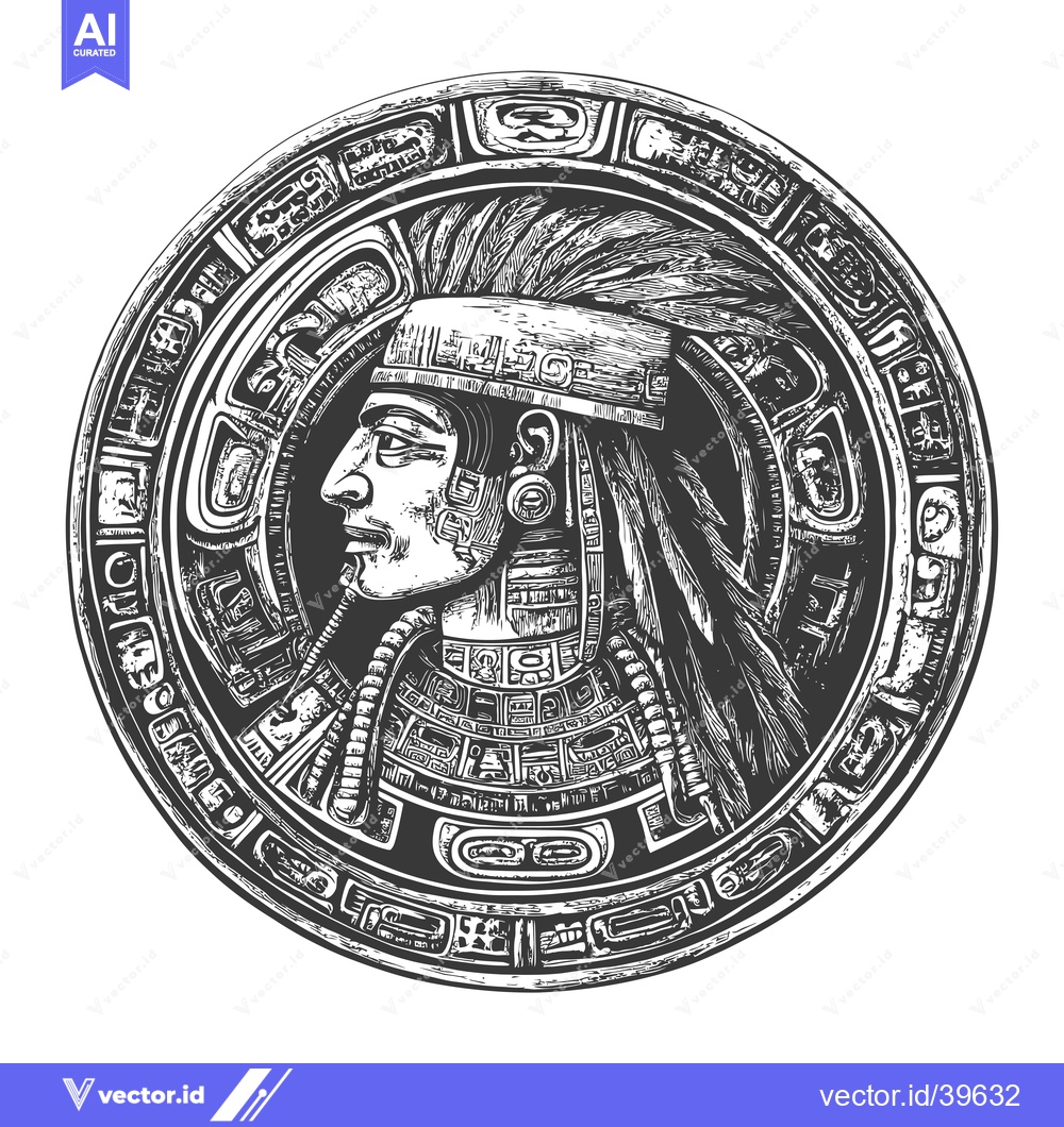 Premium Vector of Engraved Illustration of an Aztec Warrior's Head within a Circular Fra