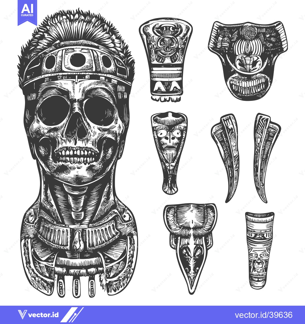 Premium Vector of Engraved Illustration of a Skull with Feathers and Ornamental Artifact