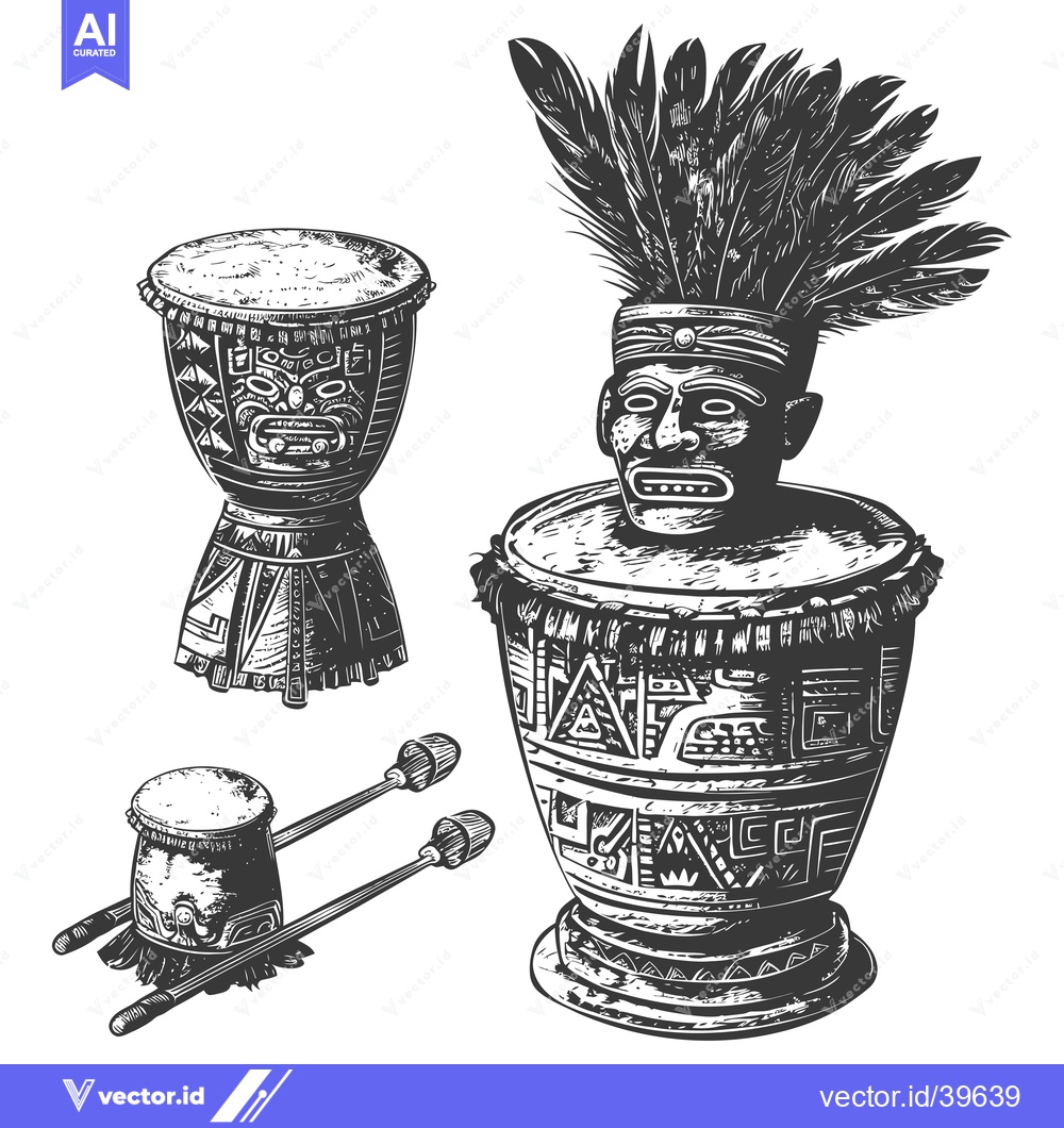 Premium Vector dari Engraved Illustration of Indigenous Drums and Mask with Feathers