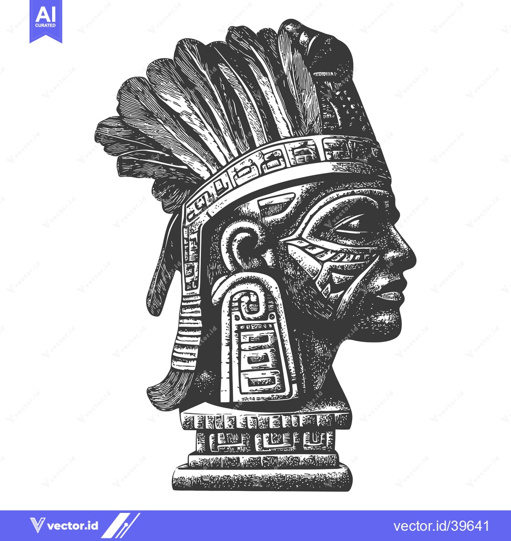 Premium Vector dari Engraved Profile of an Aztec Warrior with Feathered Headdress