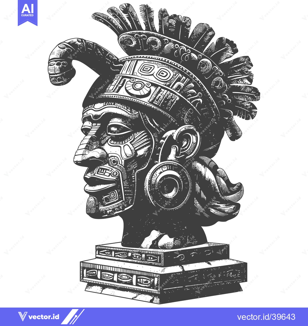 Premium Vector dari Engraved Stone Sculpture of a Feathered Mayan Head