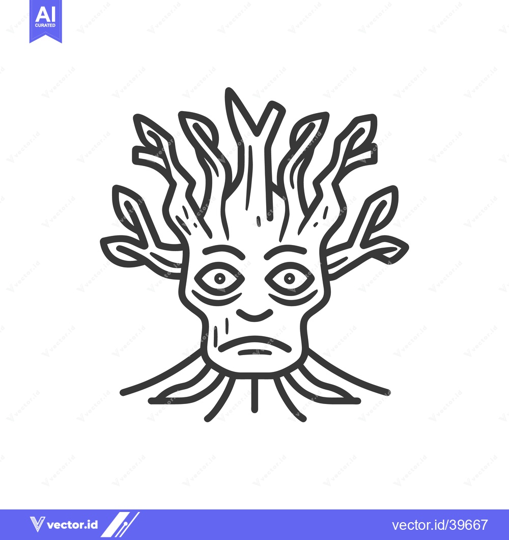 Premium Vector dari Ent-like Tree Creature with Sad Expression, Line Art Illustration