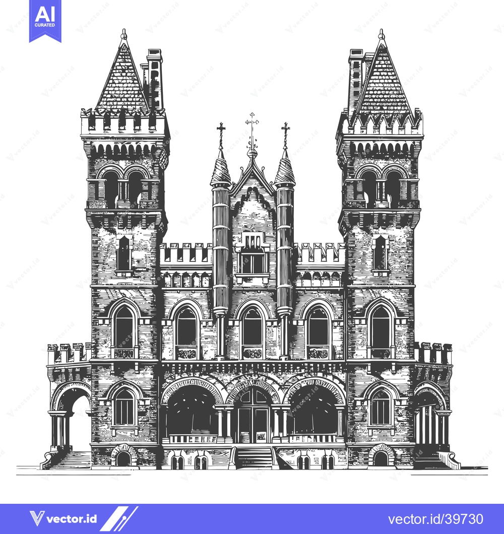 Premium Vector of Grand Gothic Style Mansion Architectural Drawing
