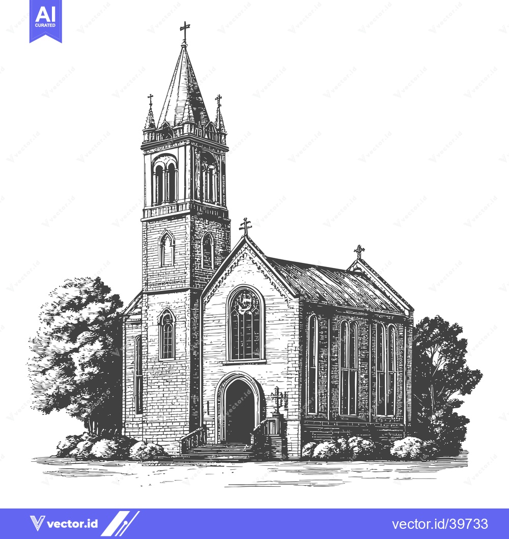 Premium Vector of Stone Church Building With Tall Steeple And Trees