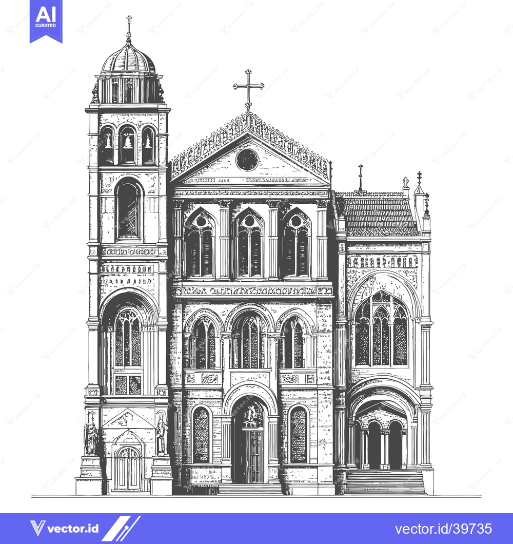 Premium Vector of Ornate Church Building Architectural Drawing Illustration