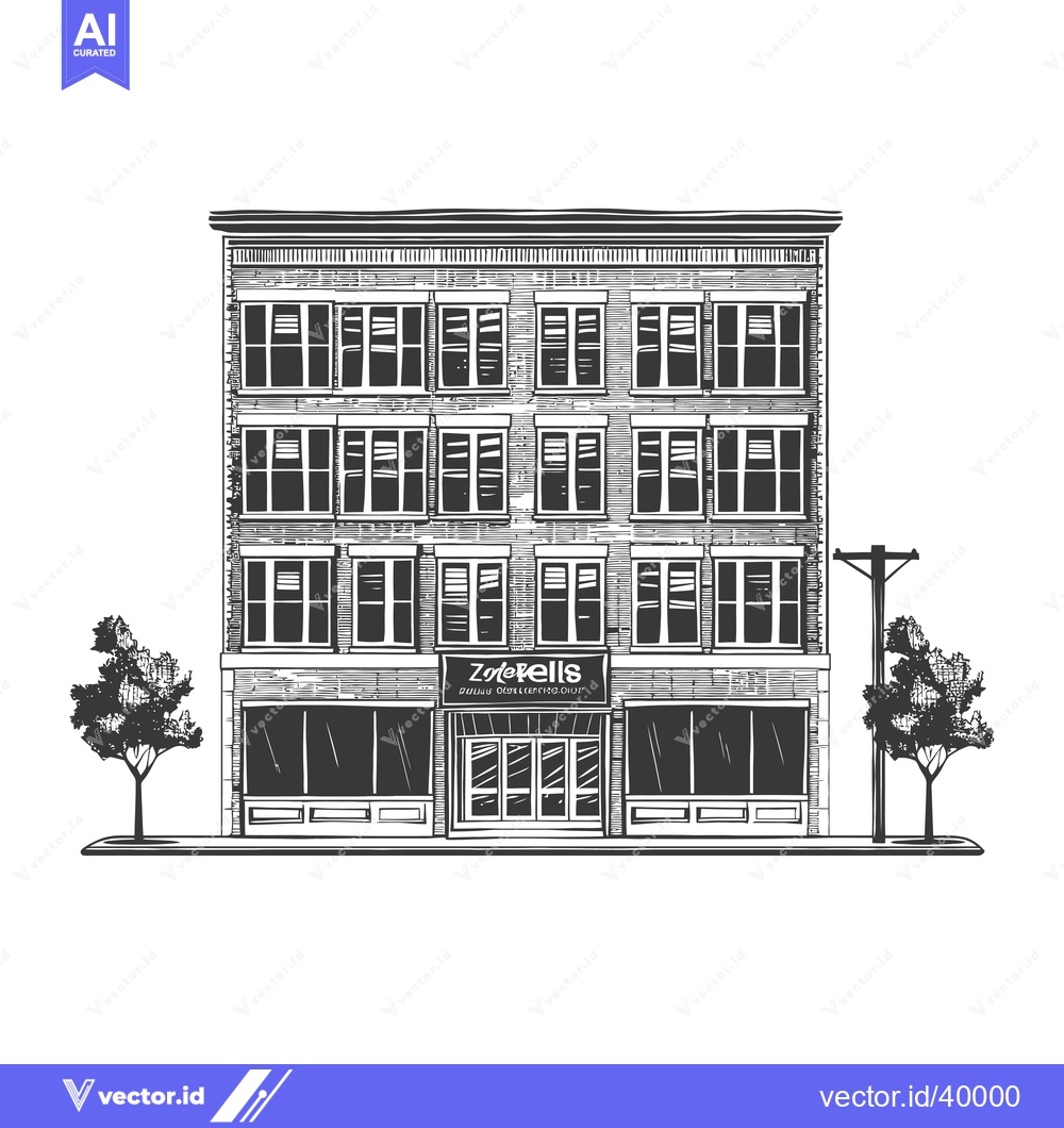 Premium Vector dari A three story brick building with a storefront and trees