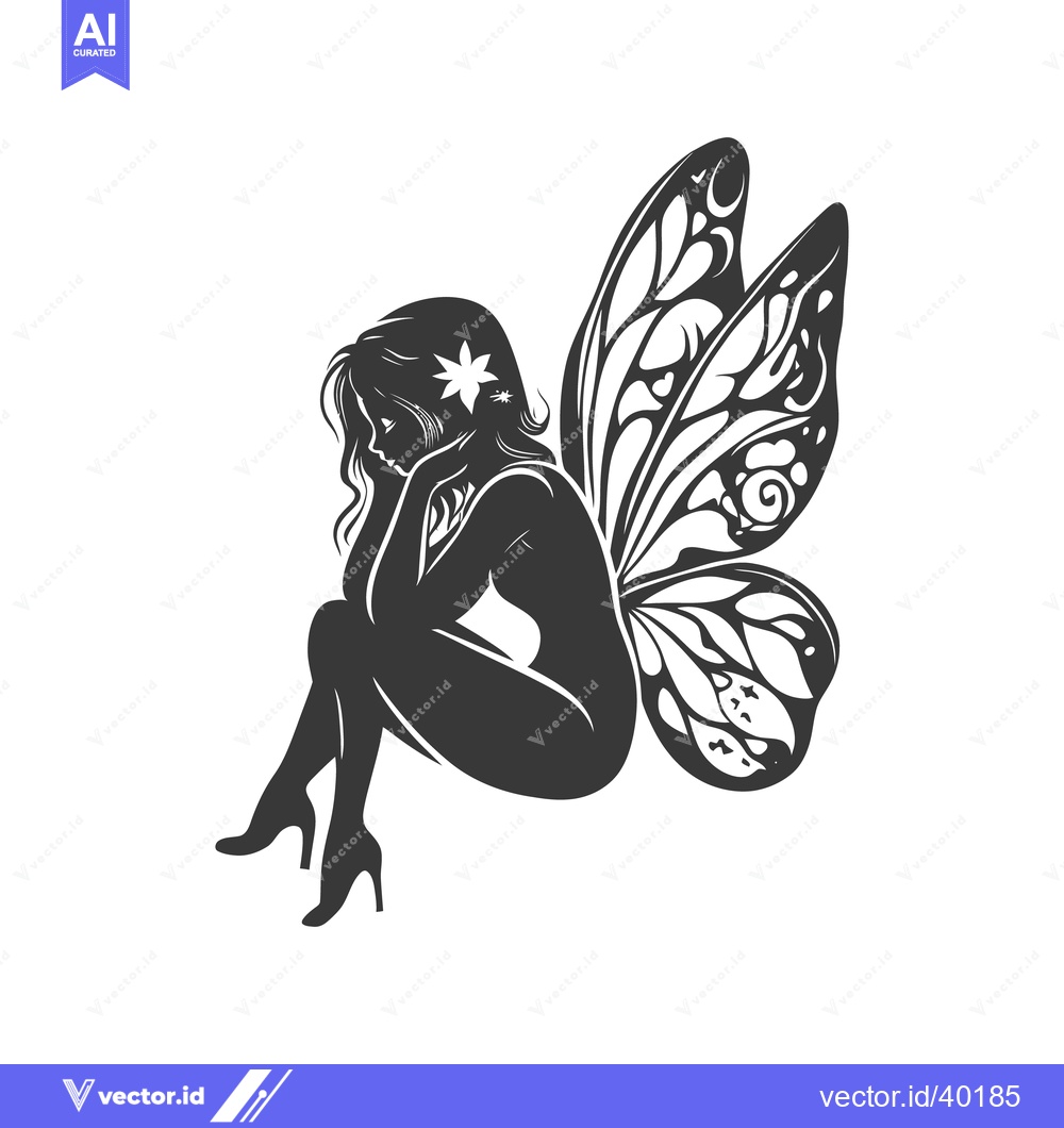 Premium Vector of A silhouette illustration depicts a sitting fairy with detailed butter