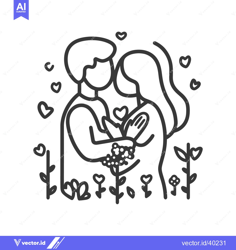 Premium Vector of A loving couple embracing amidst hearts and beautiful flowers in a gar