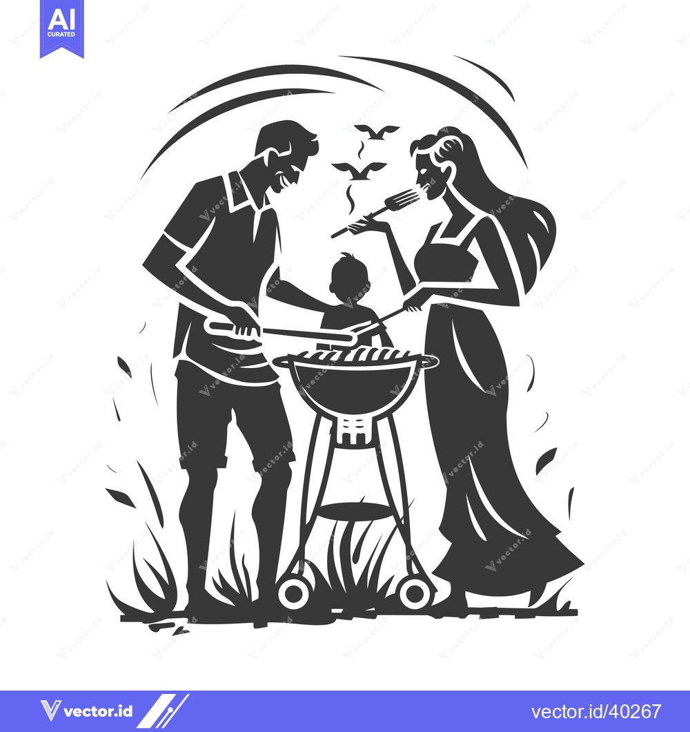 Premium Vector of Family BBQ with Man Woman and Child Grilling Outdoors