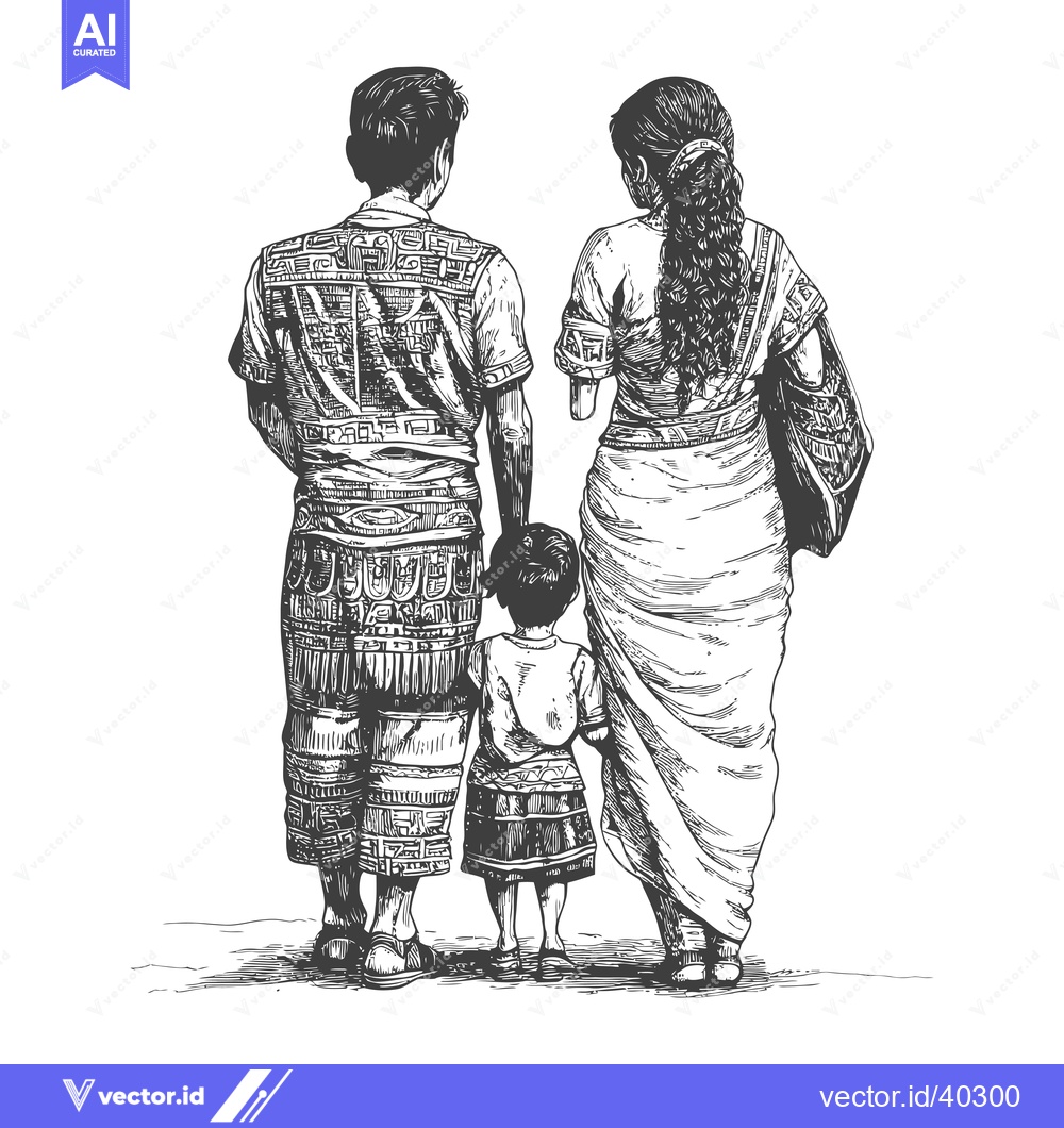 Premium Vector dari Family of Three in Traditional Clothing Walking Away from the Viewer