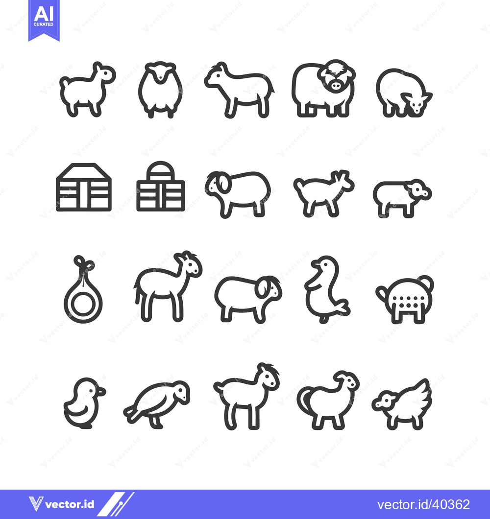 Premium Vector of Farm Animal Icons and Objects in Black Line Art Style