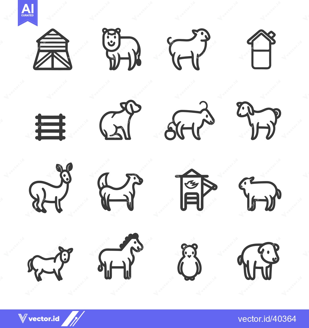 Premium Vector of Farm Animals and Buildings Line Icons Set