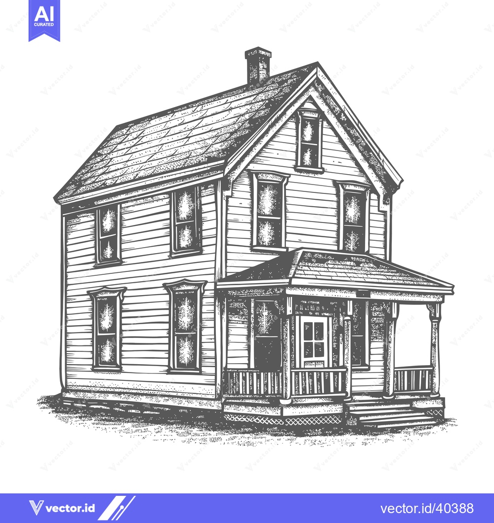 Premium Vector of A Vintage Two Story House With Porch And Chimney