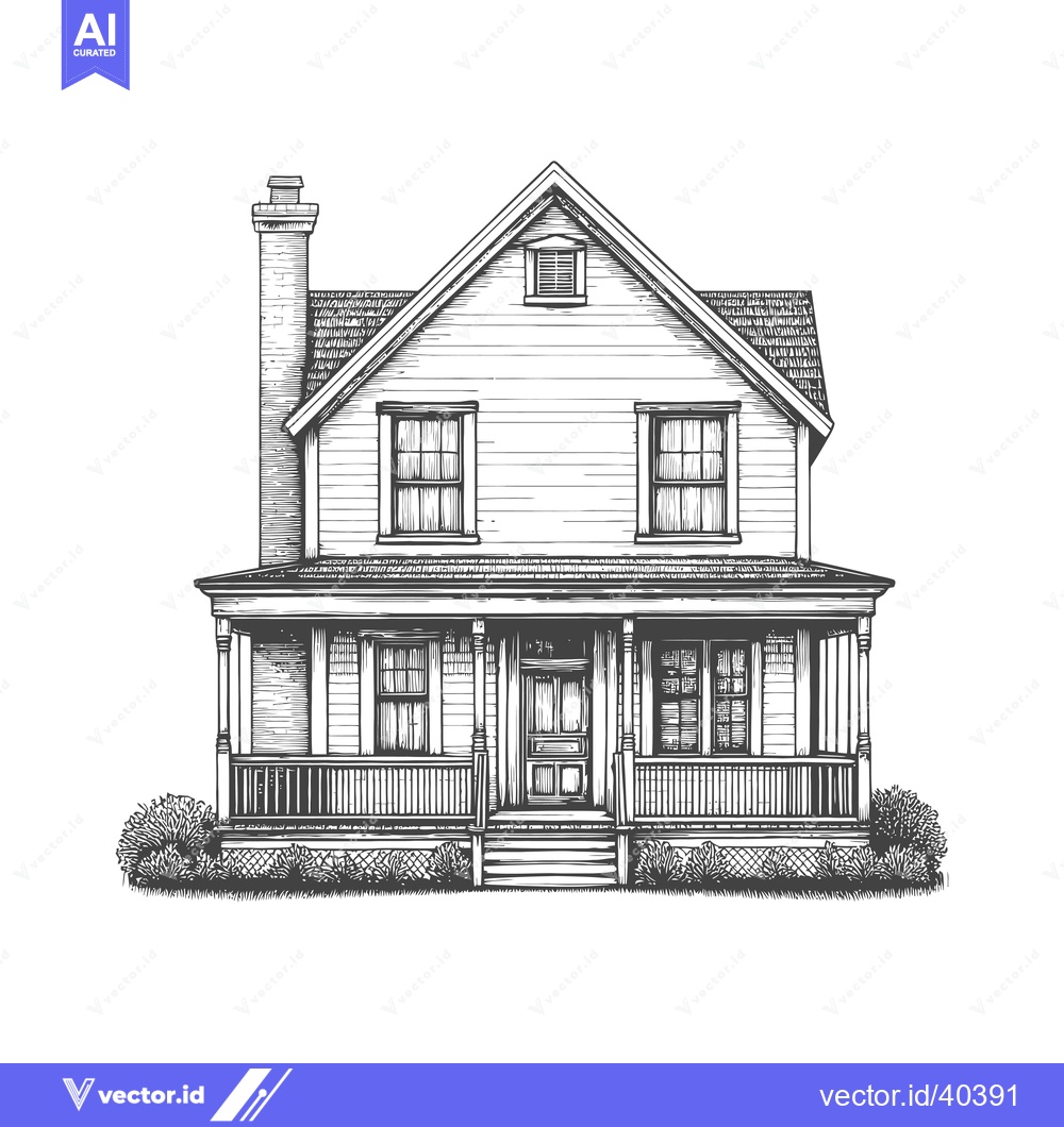 Premium Vector of A Classic Suburban Home with a Front Porch and Chimney
