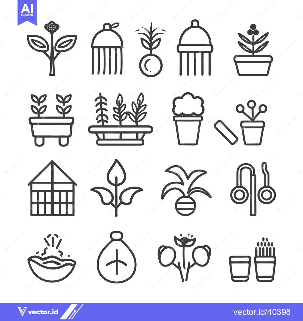 Premium Vector dari Line drawings depict various stylized plants and gardening elements