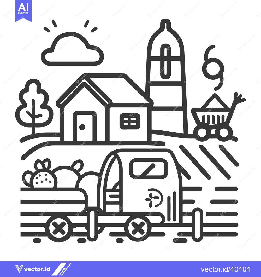 Premium Vector of A farm scene depicting a truck and fields with buildings