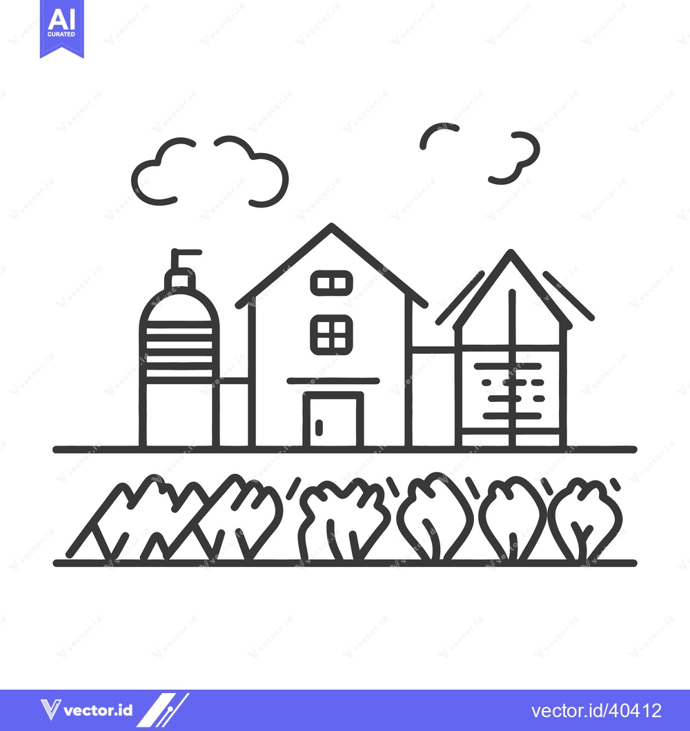 Premium Vector dari An outlined drawing shows a rural scene with buildings and plants