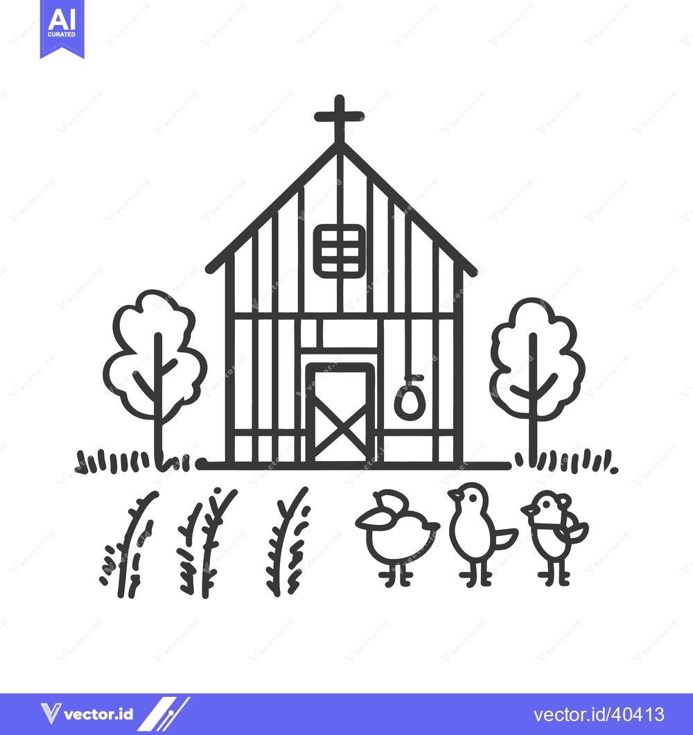 Premium Vector dari Simple illustration of a barn with birds and surrounding nature elemen