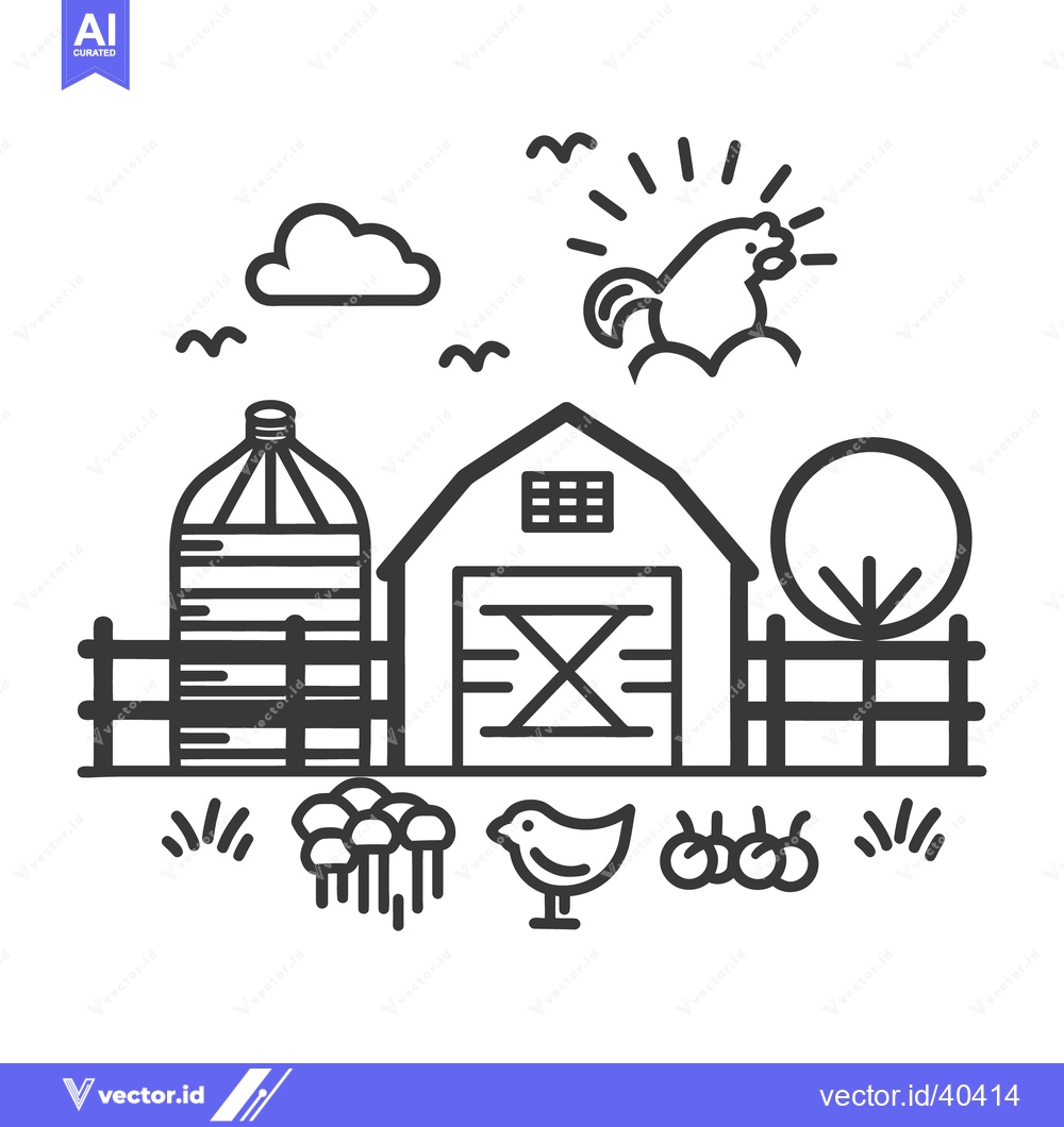 Premium Vector dari Simplified outline drawing of a farm scene including animals and build