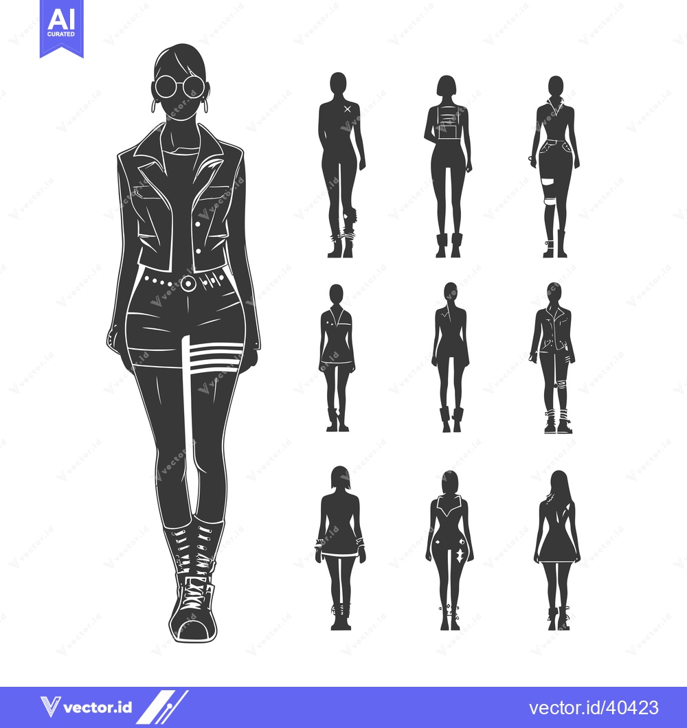 Premium Vector dari Fashion Illustration of Nine Silhouettes of Women in Edgy Outfits