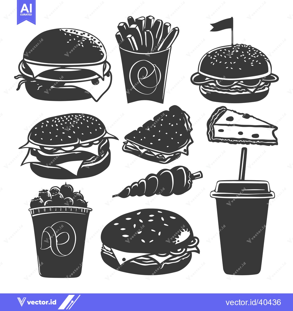 Premium Vector dari Fast Food Icon Set with Burgers, Fries, Pie, and Drinks