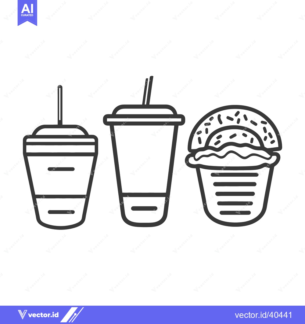 Premium Vector of Outline illustrations depicting beverages and a frosted pastry for enj