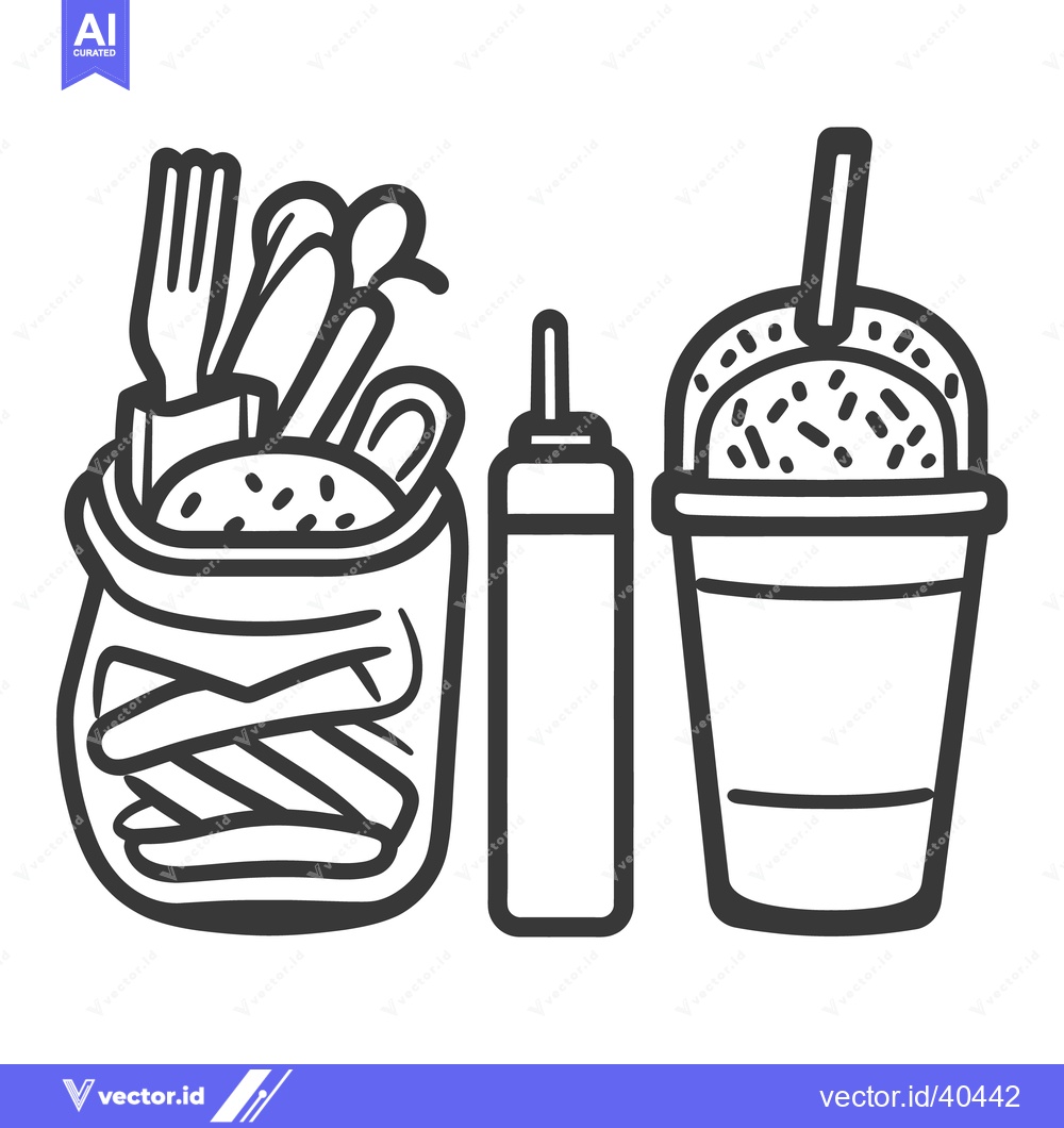 Premium Vector dari A monochrome image showing food and condiments with a drink