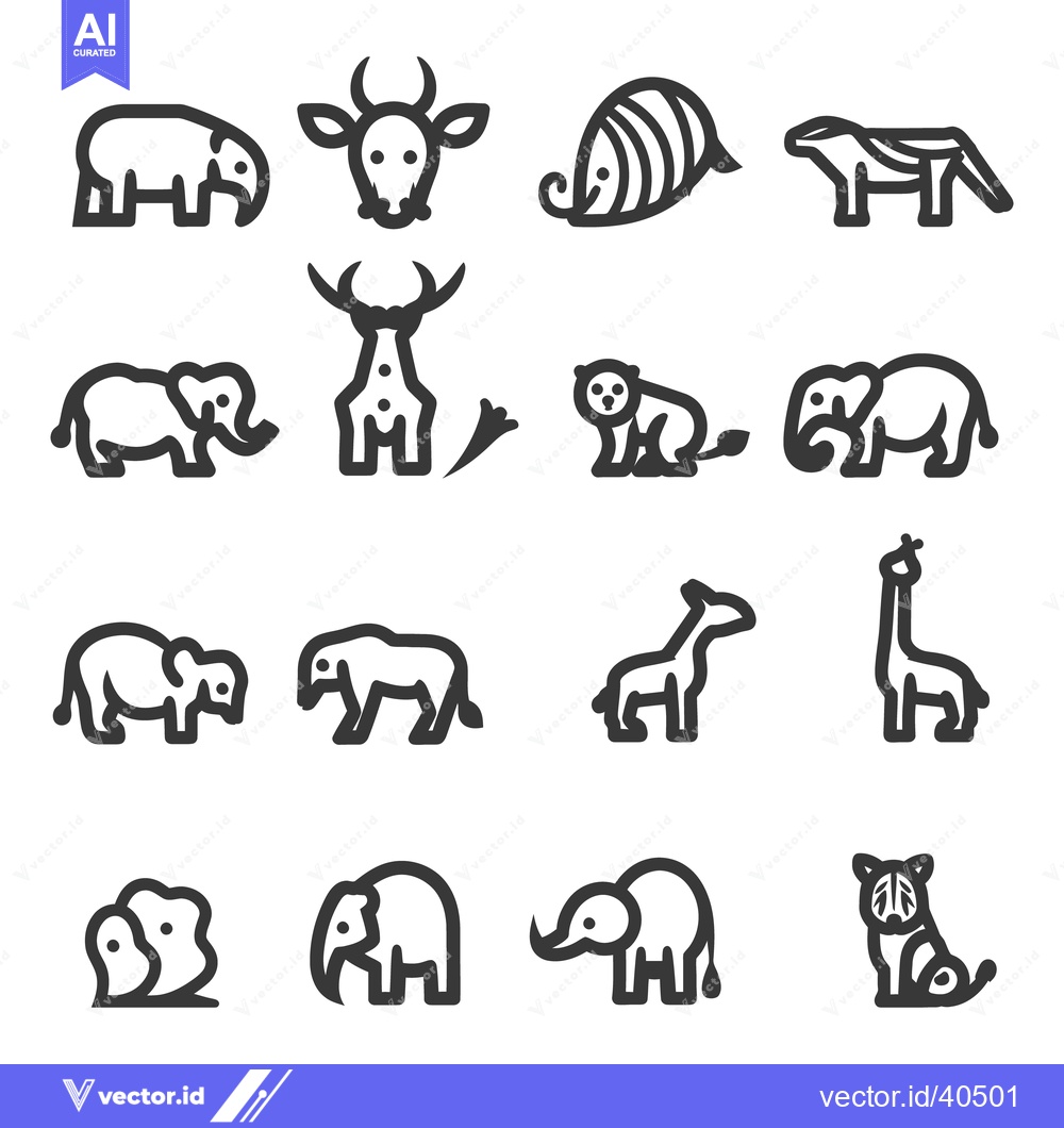 Premium Vector of Various stylized black and white images of different wild animals