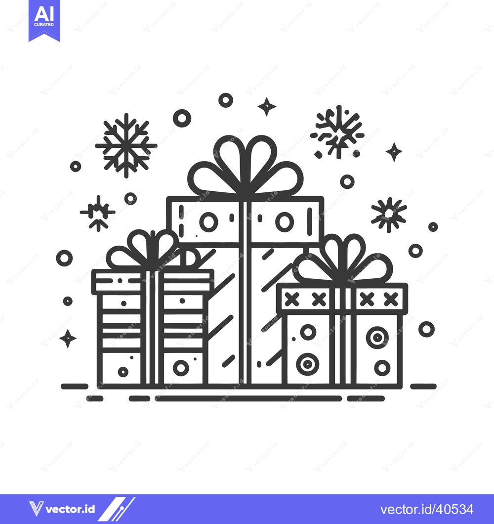 Premium Vector of Minimalist Christmas Gifts Icon with Snowflakes and Stars, Line Art