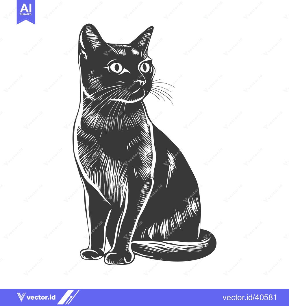 Premium Vector of A Sitting Black Cat With White Line Art Style