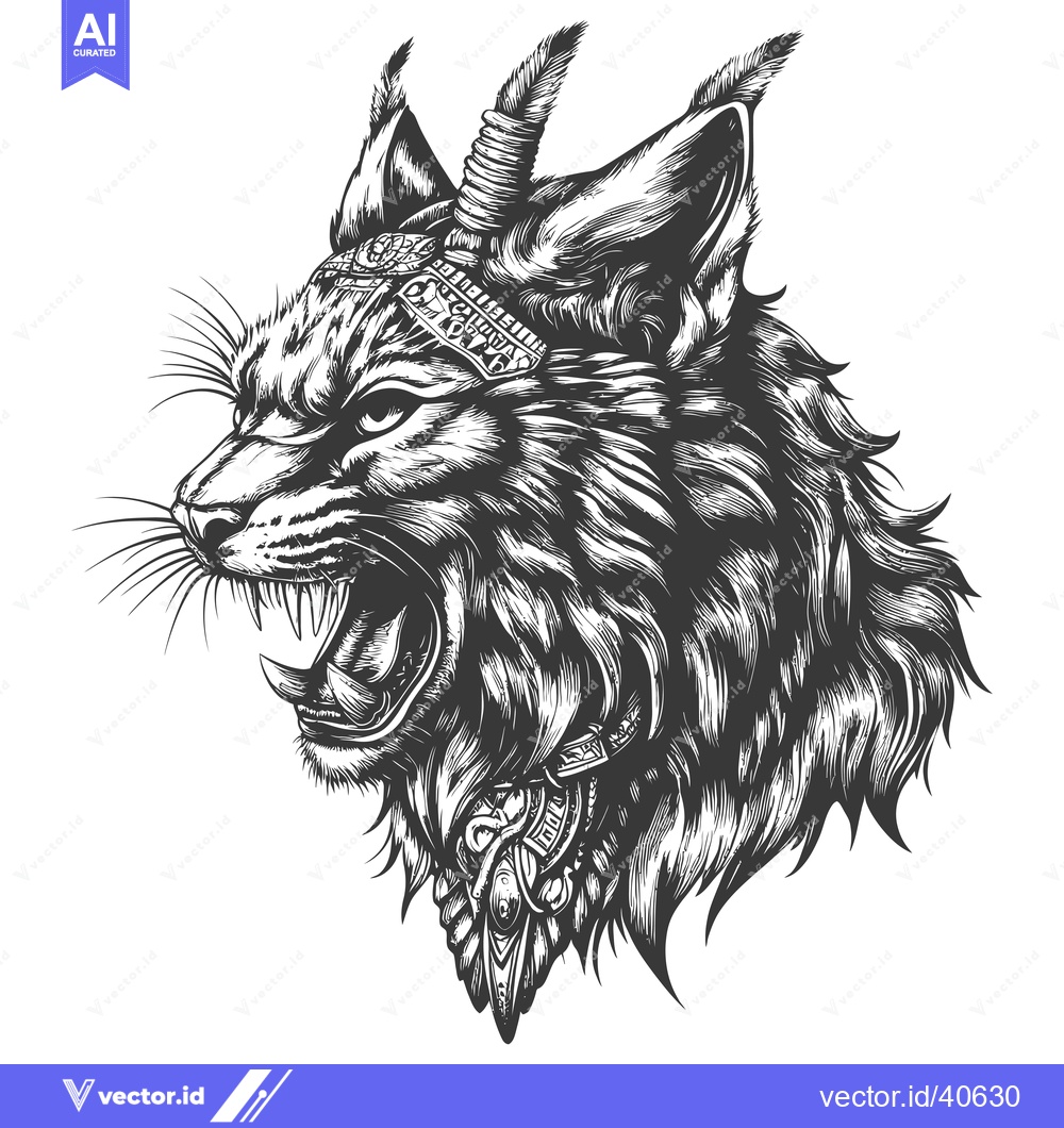 Premium Vector dari Ferocious Black and White Illustration of a Lynx with Ornate Headwear