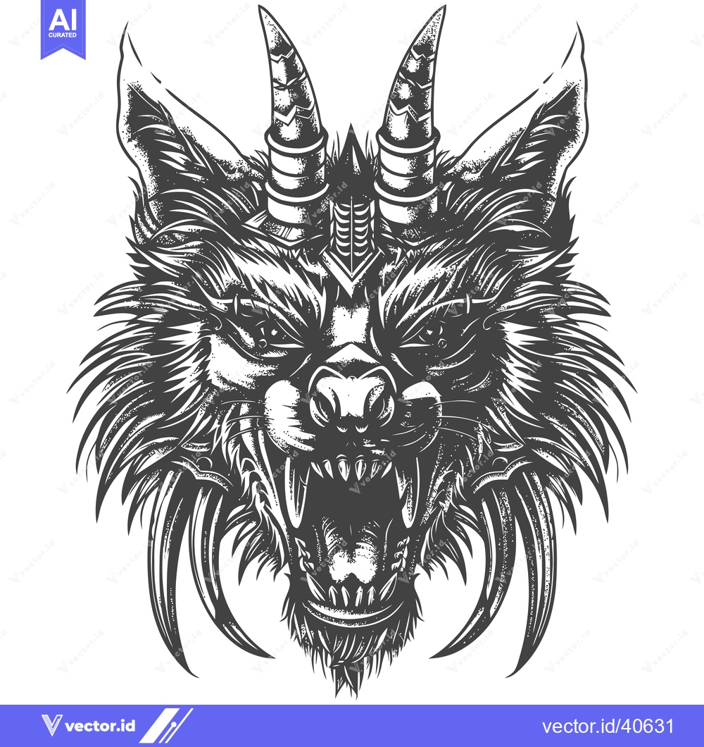 Premium Vector dari Ferocious Black and White Wolf Head with Horns