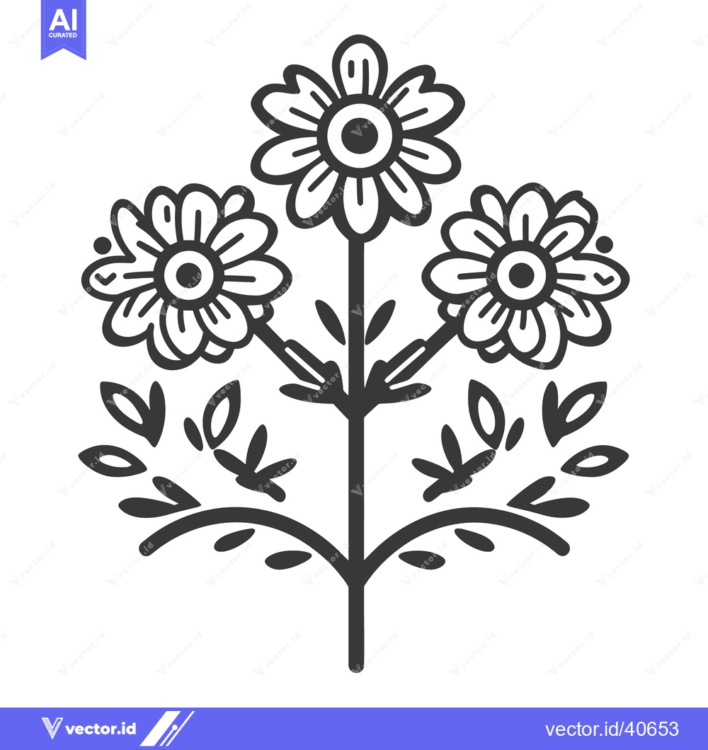 Premium Vector dari Three stylized daisies with leaves growing from a stem