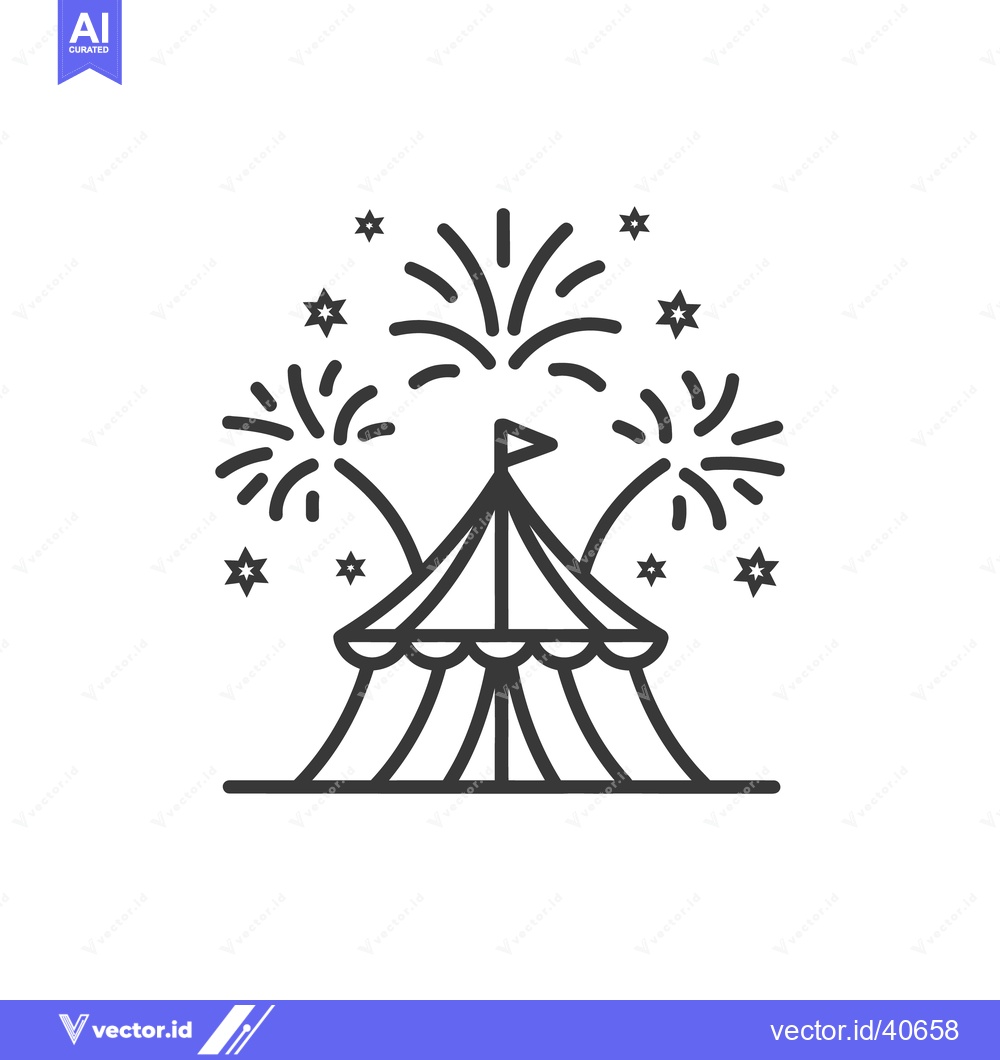 Premium Vector of Minimalist Circus Tent Icon with Fireworks and Stars on White Backgrou
