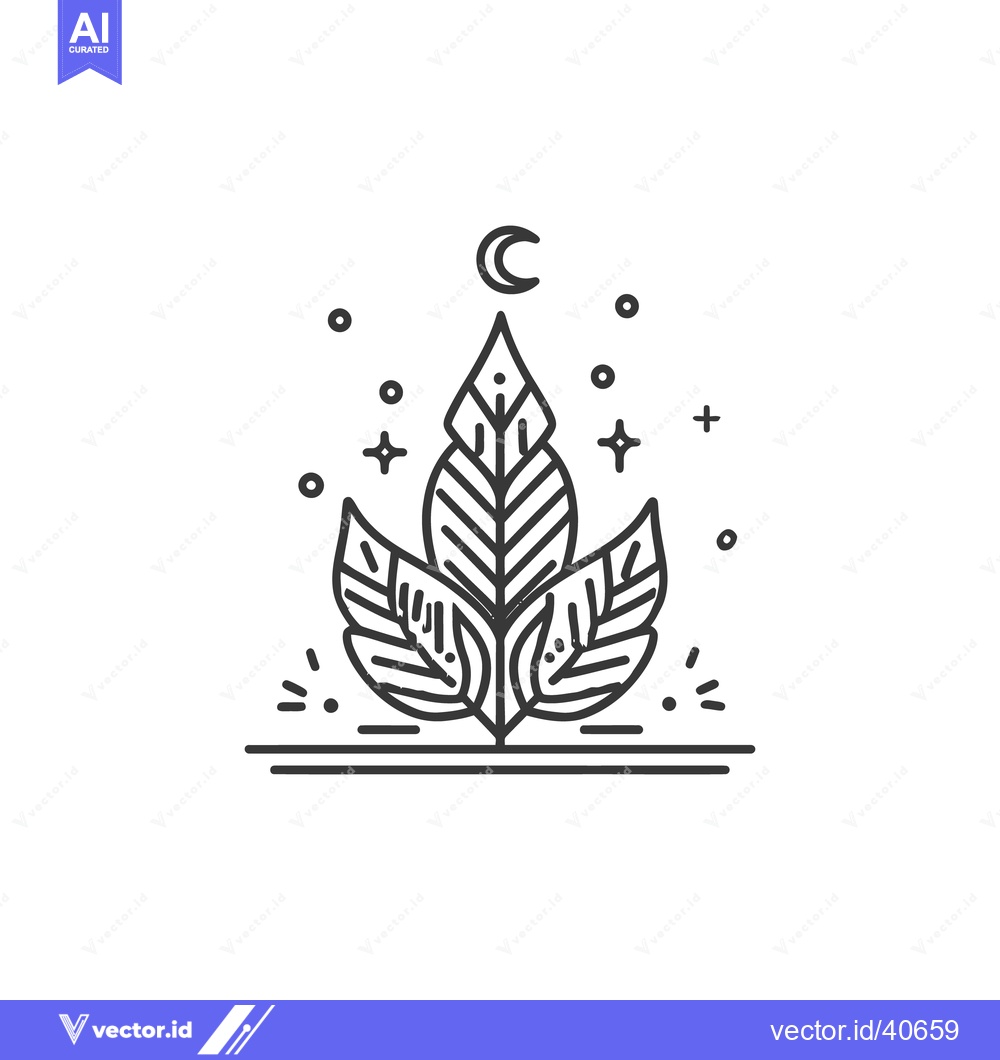 Premium Vector dari Mystical Leaf with Crescent Moon and Stars, Line Art Illustration