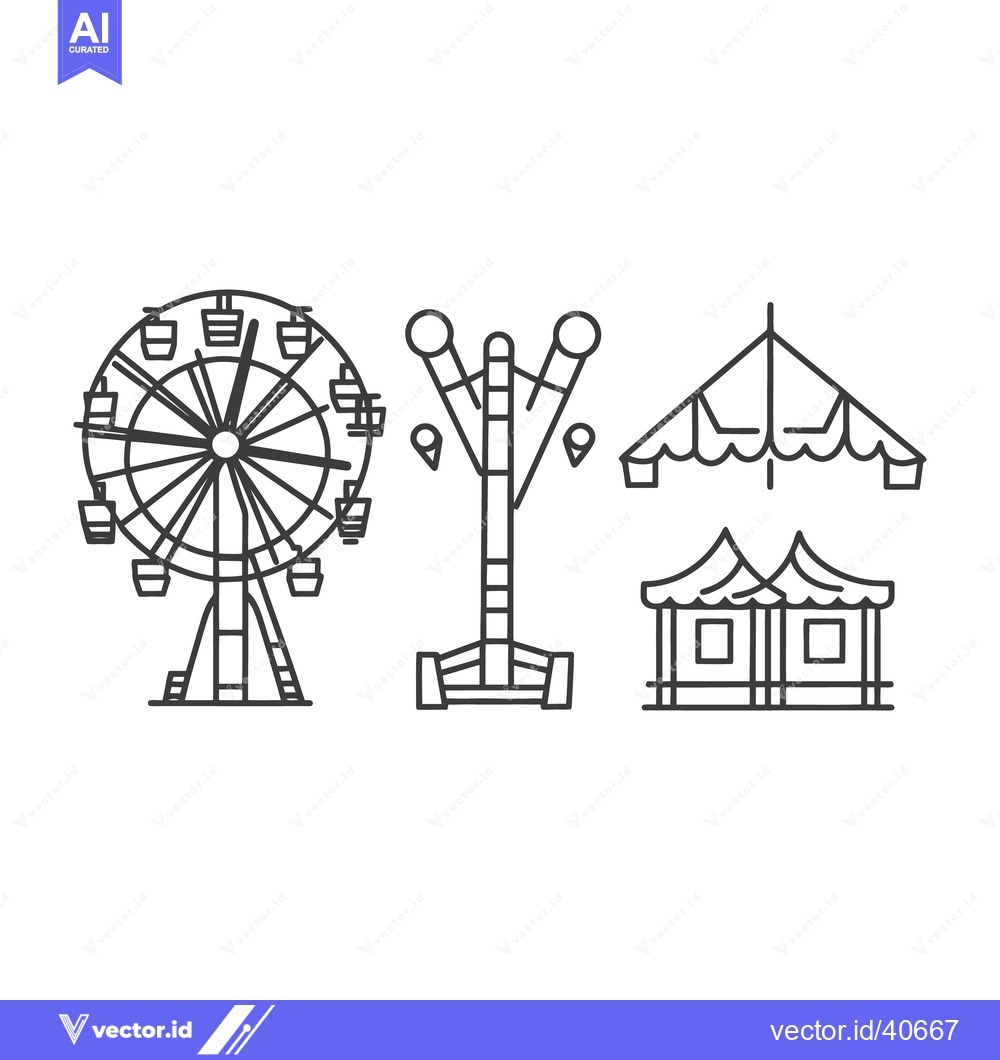 Premium Vector dari Amusement park icons featuring a ferris wheel and food stands