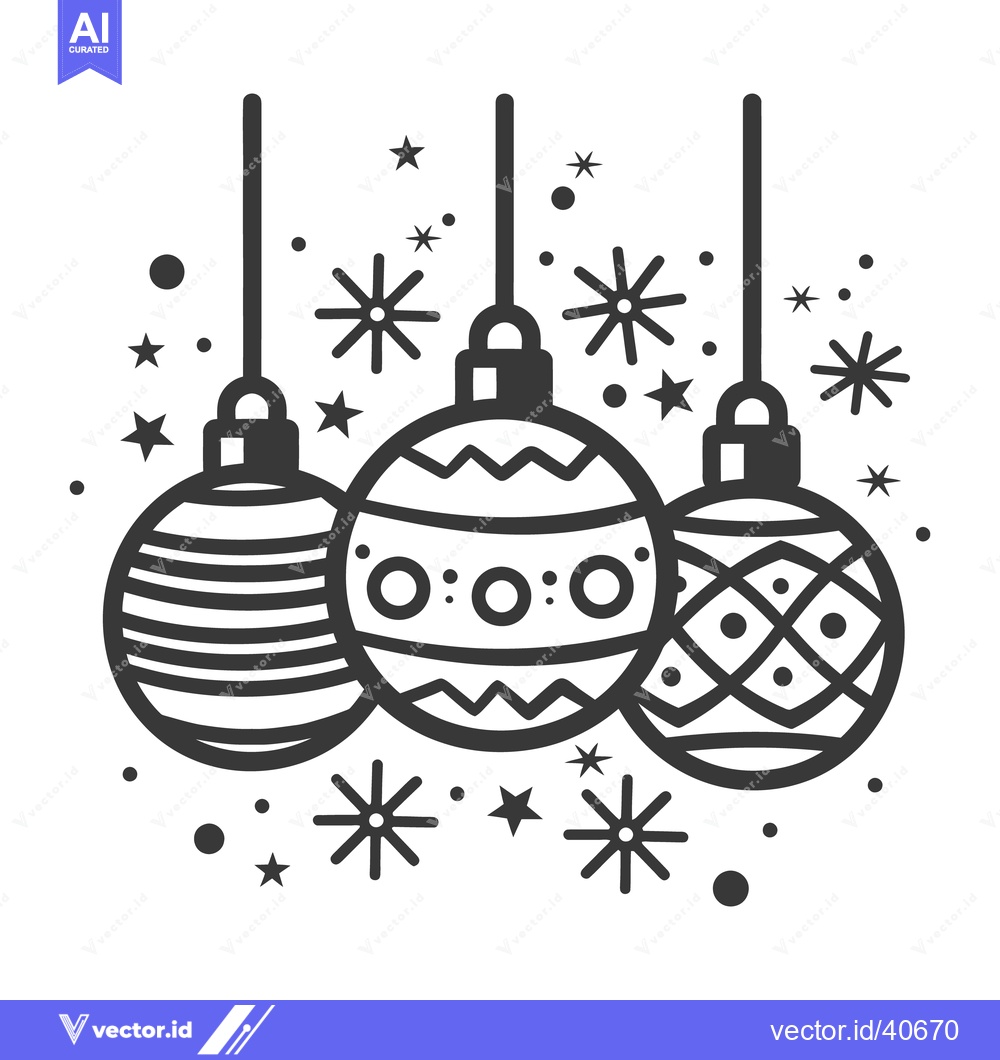 Premium Vector dari Three decorated holiday ornaments hanging with festive surrounding sta