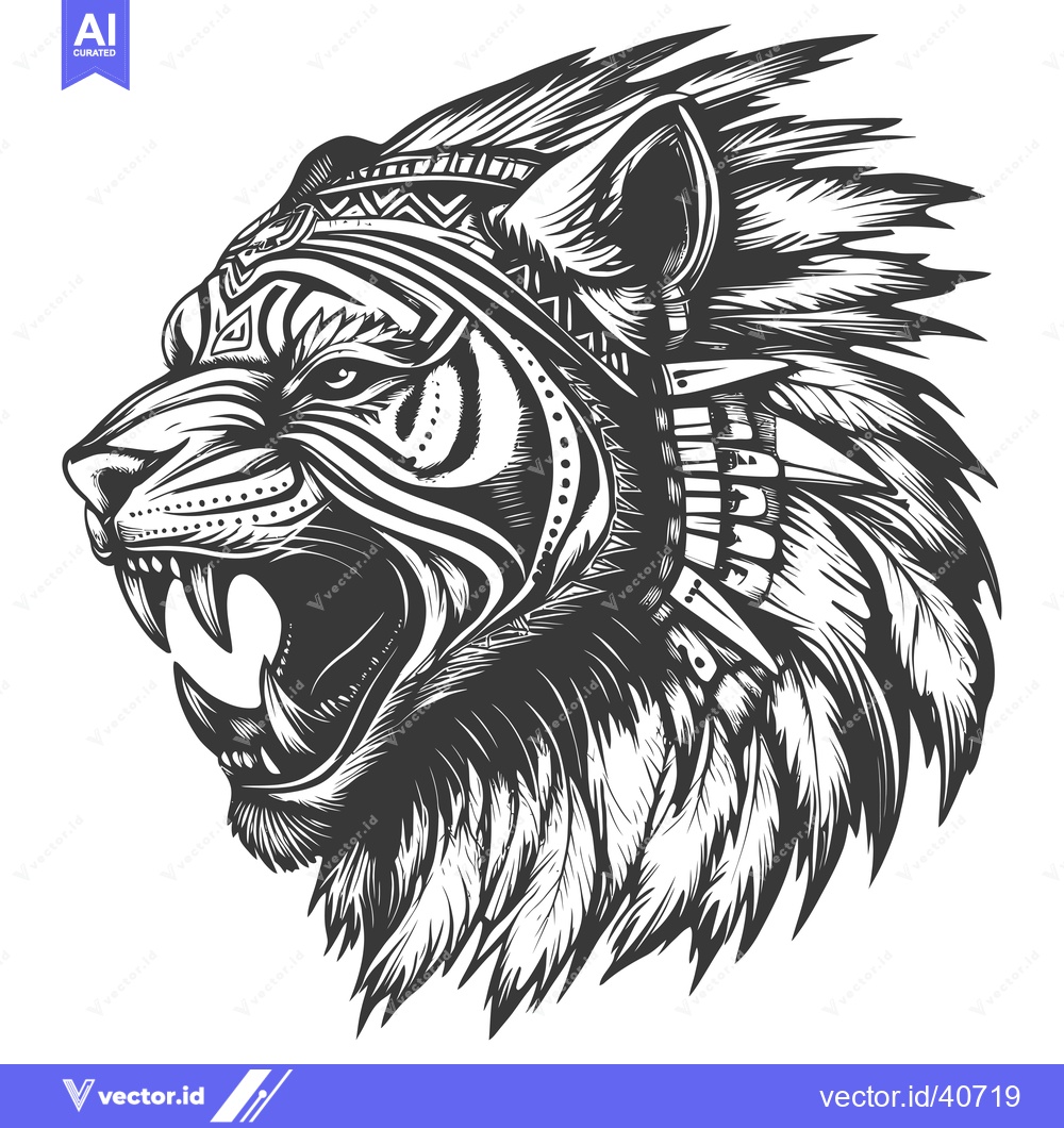 Premium Vector dari Fierce Black and White Tiger Head with Tribal Design