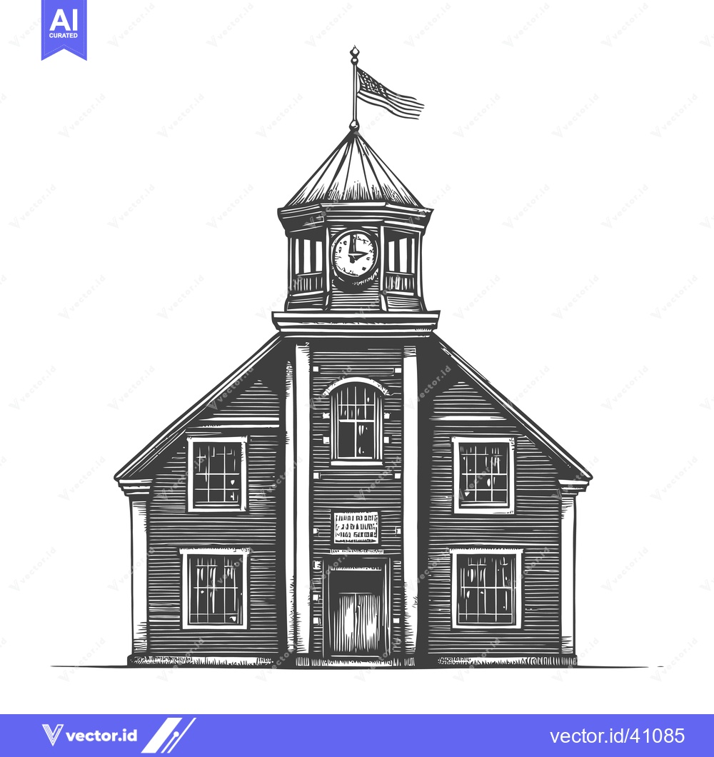 Premium Vector dari Classic Town Hall Building with Clock Tower and Flag