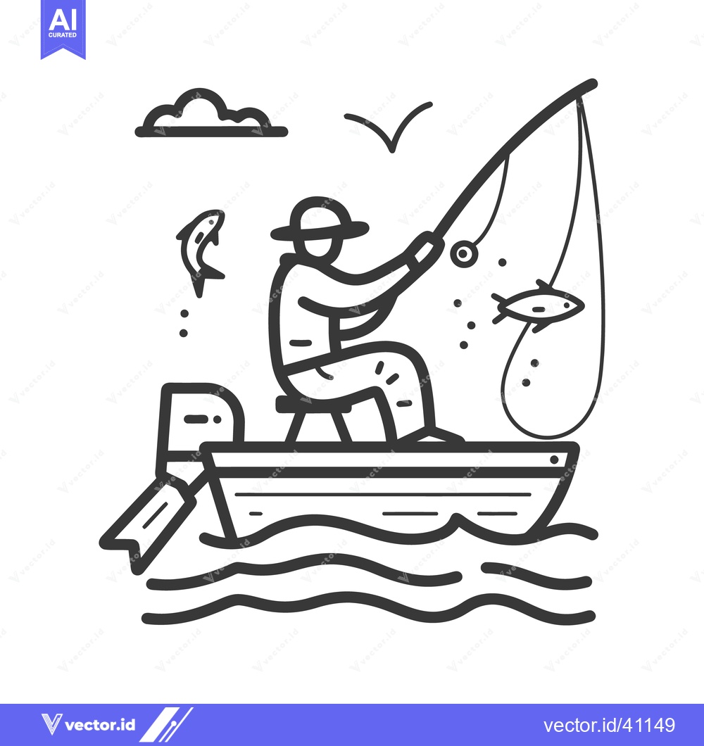 Premium Vector of Fisherman on a boat with a fishing rod catching fish