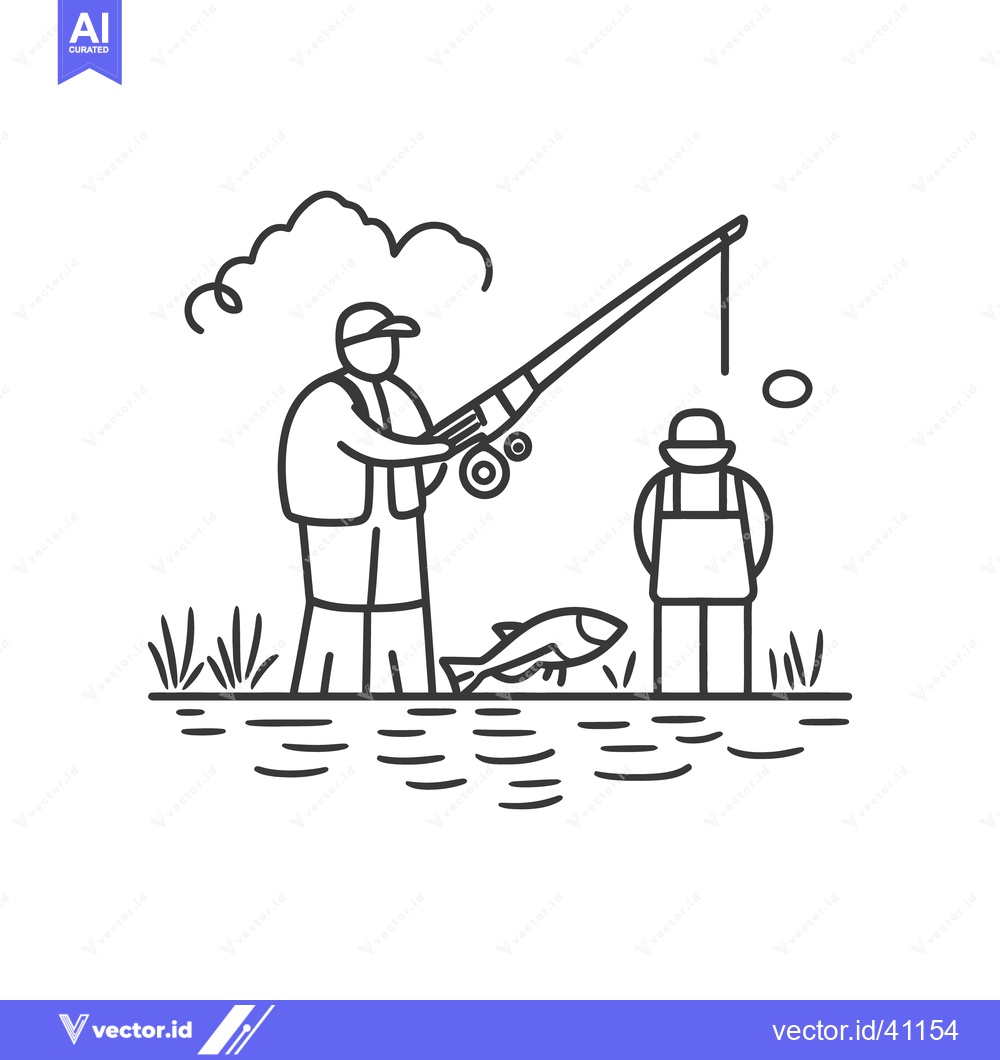 Premium Vector of Two people are fishing in the water with a rod and reel