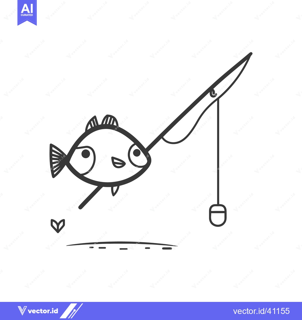 Premium Vector of A smiling cartoon fish is fishing with a simple fishing rod