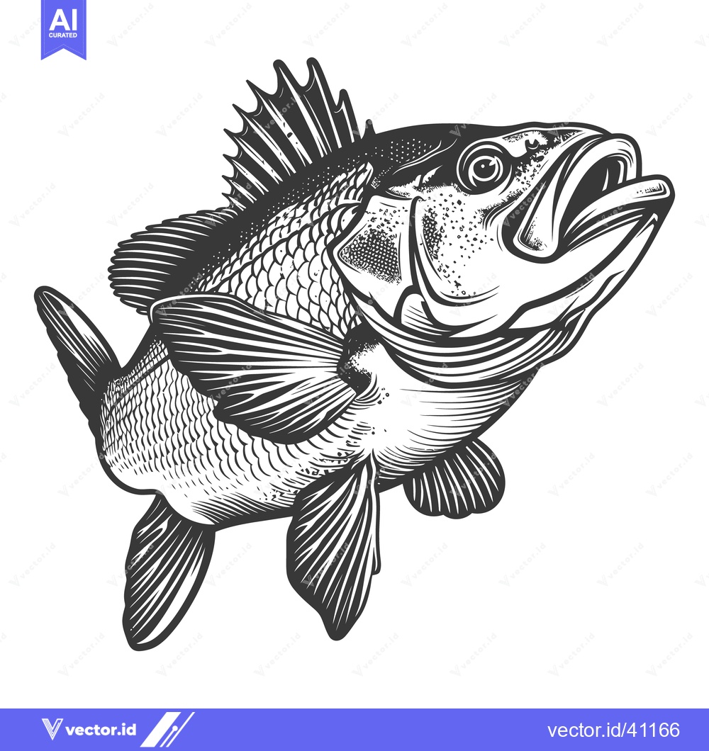 Premium Vector dari A Detailed Black And White Engraving Of A Swimming Fish
