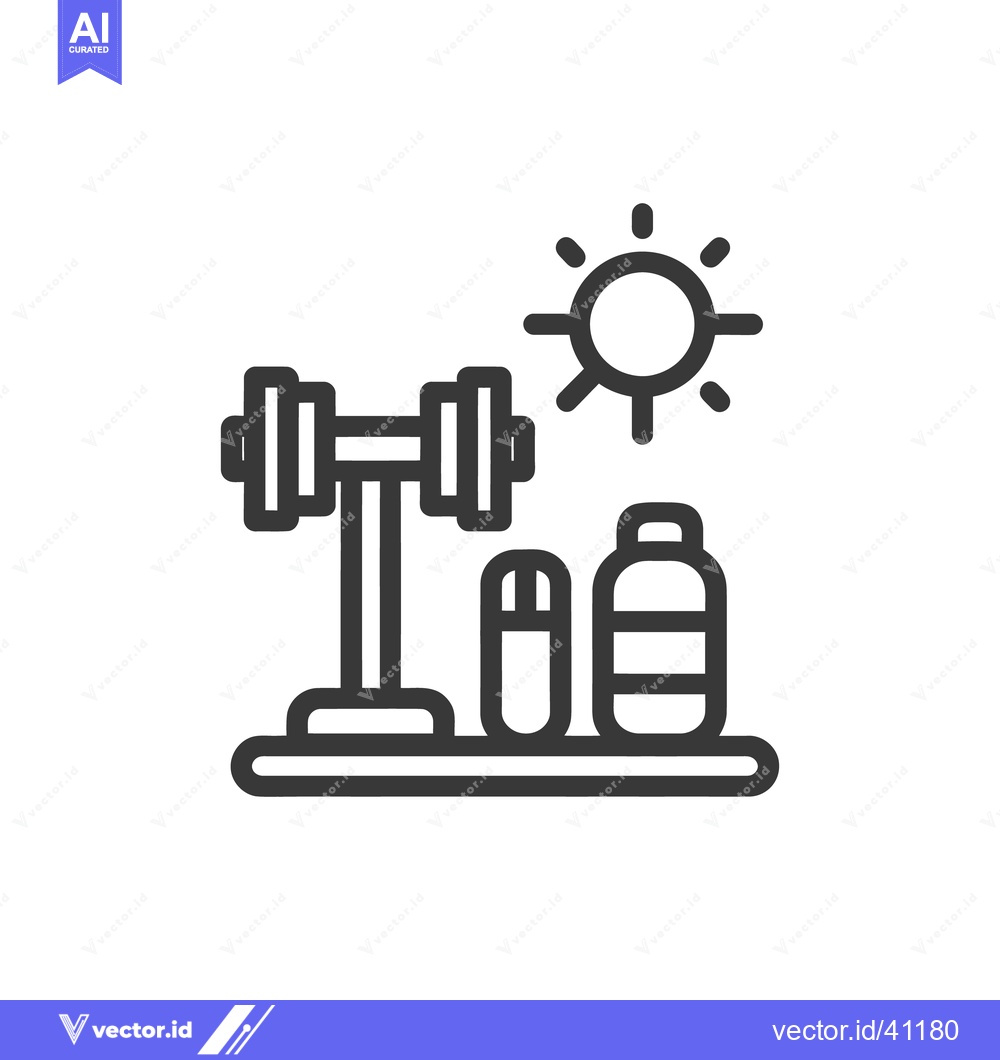 Premium Vector dari Fitness Icon: Dumbbell, Supplements, Water Bottle, and Sun Graphic