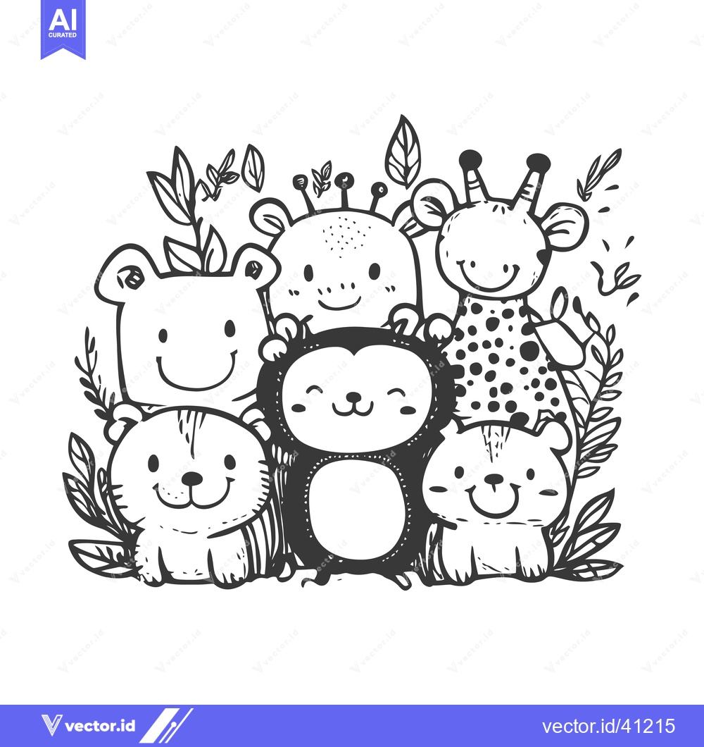 Premium Vector dari Five Adorable Cartoon Animals Surrounded by Leaves
